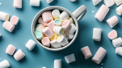 Top view of a white ceramic mug filled with colorful mini marshmallows on a blue background with scattered marshmallows.