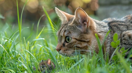 A cat is stalking a mouse in a grassy field