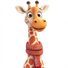 A cartoon giraffe with a long neck and a scarf, smiling, on a white background
