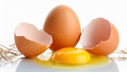 Fresh brown eggs with cracked shells and a yolk on a plain background in a bright kitchen setting