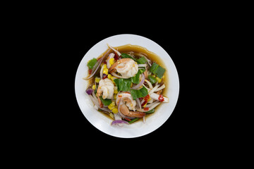 Cooked Shrimp Salad, Isan Food, Isolated on Black Background with Clipping Path