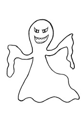 Black contours of a ghost with evil eyes and a wide smile with sharp teeth on a white background with arms spread to the sides, close-up. Character for drawing. Halloween. Digital illustration.