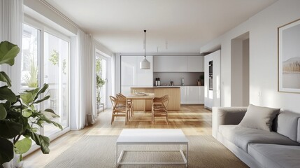 Fototapeta premium Simple and elegant Scandinavian interior with clean lines, functional furniture, and warm textures for a relaxed, inviting atmosphere