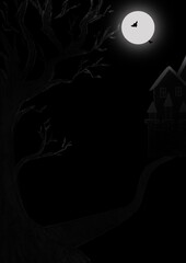 A black illustration with visible white outlines of tree branches, the roof of a house and a brightly glowing full moon with two bats at the top of the illustration. Dark night.