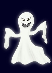 A white ghost with black-yellow evil eyes and a wide smile with sharp teeth glows on a dark blue background with arms spread to the side, front view, close-up. Halloween. Digital illustration.