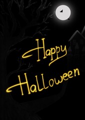 A black illustration with visible white outlines of tree branches, the roof of a house and a brightly glowing full moon with two bats and the inscription in the center reads "Happy Halloween."