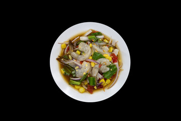 Yum, spicy salad or Thai food ,Fresh Shrimp Salad. top view isolated on black background with clipping path.
