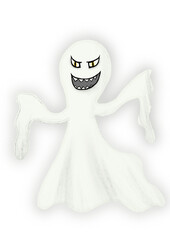 A white ghost with black and yellow evil eyes and a wide smile with sharp teeth glows without a background with his arms spread to the sides, front view, close-up. Halloween. Digital illustration.