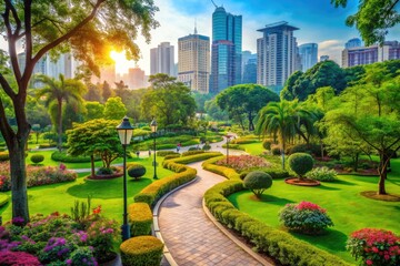 Fototapeta premium Serene Urban Park with Lush Greenery and Scenic Pathways Amidst a Bustling City Landscape