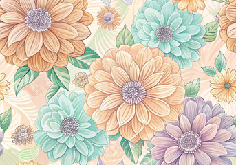 Hand-drawn pastel floral pattern with soft blooming flowers and leaves 부드러운 꽃과 잎이 있는 손으로 그린 파스텔 꽃무늬 패턴