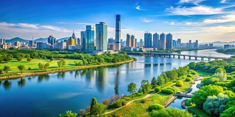 Fototapeta premium Serene View of Han River with Modern City Skyline and Lush Green Parks Under Clear Blue Sky