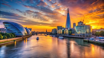 Fototapeta premium Serene View of London Riverside with Iconic Landmarks and Calm Water Reflections at Sunset