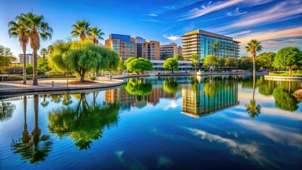 Fototapeta premium Serene View of Tempe Town Lakes with Lush Greenery and Reflections Under Bright Blue Sky