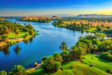 Naklejka premium Serene View of the Nile River Flowing Through Lush Green Landscapes Under a Clear Blue Sky