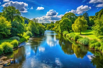 Fototapeta premium Serene View of the River Avon Flowing Through Lush Greenery Under a Clear Blue Sky in Nature