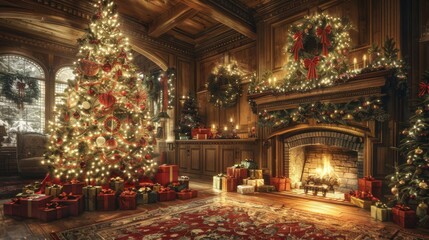Cozy holiday moment with family exchanging gifts by decorated Christmas tree and glowing fireplace
