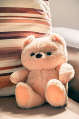 the teddy bear toy on the couch with dramatic tone