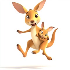 Obraz premium A cartoon kangaroo with a baby in its pouch, jumping on a white background