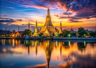 Obraz premium Serene View of Wat Arun Temple at Twilight with Vibrant Colors and Reflection on the River Surface