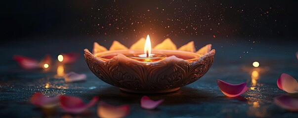 A beautiful candle in a decorative bowl, surrounded by rose petals, creating a serene ambiance with soft light and reflections.