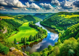 Fototapeta premium Serene Views of the Vltava River Flowing Through Lush Green Landscapes in the Czech Republic