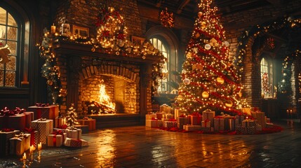 Family exchanging gifts around decorated Christmas tree with glowing fireplace in cozy holiday setting