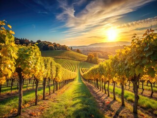 Fototapeta premium Serene Vintage Vineyard Landscape with Lush Grapevines Under a Clear Blue Sky in Golden Light