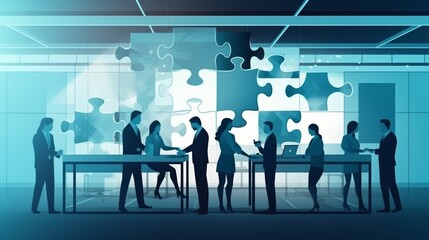 A group of people are gathered around a table with a puzzle on it