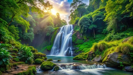 Obraz premium Serene Waterfall Cascading Down Lush Green Trail Surrounded by Vibrant Nature and Scenic Landscape