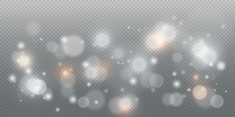 Bokeh light effect isolated on transparent background. Christmas shining dust. Festive, magical mood for holiday, celebration themes. Spark overlay texture. Vector.