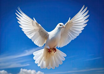 Fototapeta premium Serene White Dove Soaring Against a Clear Blue Sky in a Tranquil and Peaceful Natural Setting