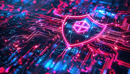 Fototapeta premium A Neon Shield Over Abstract Circuit Board