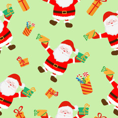 Seamless pattern with Santa Claus, gifts on green background. New year design for fashion, fabric, textile, packaging paper