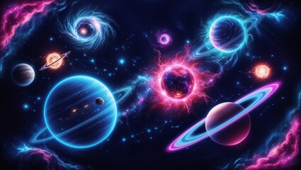 Obraz premium Vibrant cosmic illustration showcasing planets and galaxies in a colorful space setting for artistic concepts