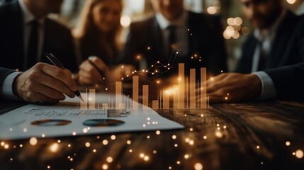 A group of business professionals analyzing documents with digital data visualizations overlayed, showing charts and graphs, creating a modern and collaborative atmosphere, ideal for corporate
