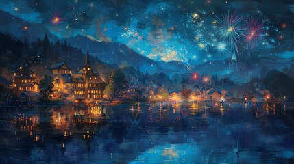 Colorful fireworks display over city skyline celebrating New Year with reflections on the water