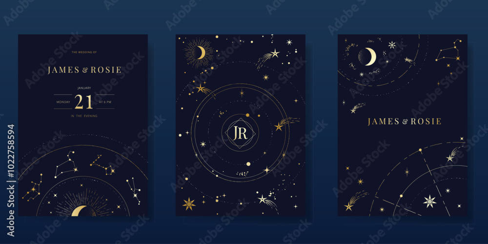 Wall mural luxury invitation card design vector set. elegant wedding card with little star moon sun and space d