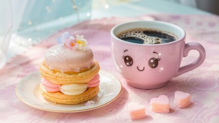 Animated coffee cup and pastries collage with heart-shaped candy decorations