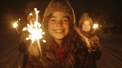 Smiling children holding sparklers during a New Year celebration, glowing light illuminating their joyful faces