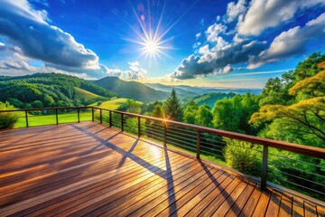 Fototapeta premium Serene Wooden Deck Overlooking a Lush Green Landscape Under Clear Blue Skies and Bright Sunlight