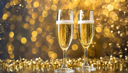 Sparkling champagne flutes against a golden bokeh background for a festive celebration at night
