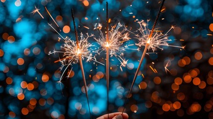 Closeup of people celebrating New Year with sparklers emitting bright light, joyful faces glowing against dark background