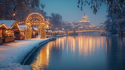 A serene winter scene featuring sparkling lights along a riverbank, festive stalls, and a picturesque bridge, all surrounded by a tranquil snowy landscape.