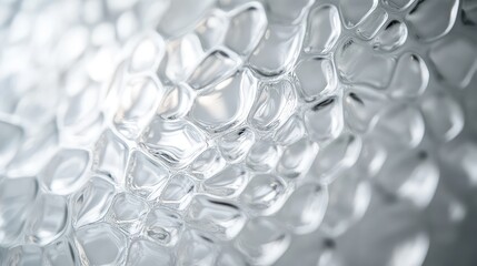 A close-up of textured transparent glass, showcasing intricate patterns that refract light beautifully in a soft-lit environment