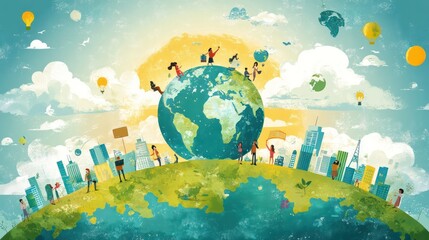 Illustration of social entrepreneurs creating global businesses that focus on social impact and sustainability, illustrations