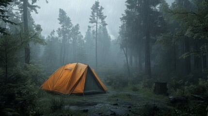 A lone orange tent stands in a misty forest during a rainstorm.
