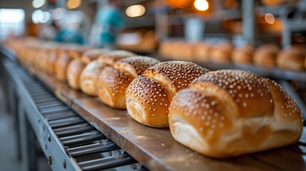 Rows of freshly baked sesame buns rest on a conveyor belt in a bustling bakery during the morning hours of production