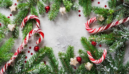 Festive holiday decorations with candy canes, red ornaments, and fresh greenery arranged on a textured surface