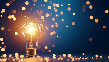 A glowing light bulb radiates sparks against a blue backdrop, symbolizing creativity and inspiration with a bokeh effect.