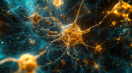 Golden neurons and neural connections illuminated in a vibrant scientific illustration showcasing brain activity